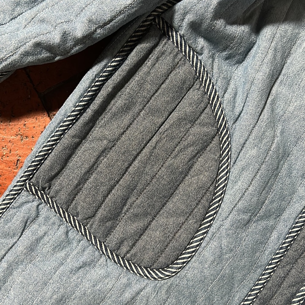 THE GREAT. Quilted Denim Blue Coat with Cream Sherpa Collar - Picture 8 of 9